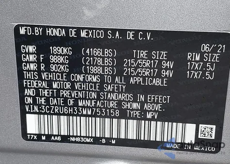 2021 Honda Hr-V Awd Lx из США, поврежденный, VIN 3CZRU6H33MM753158